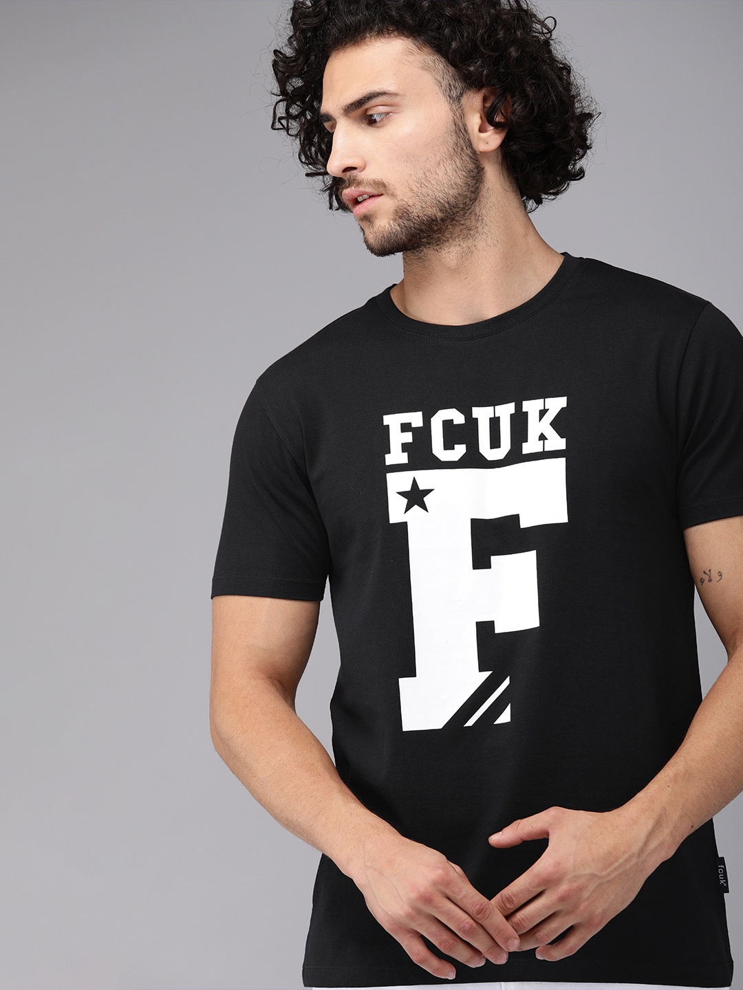 

French Connection Men Black Printed Round Neck Pure Cotton T-shirt