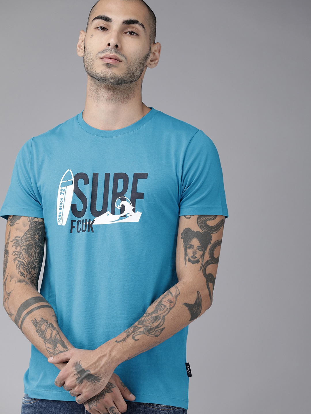 

French Connection Men Blue Printed Round Neck Pure Cotton T-shirt