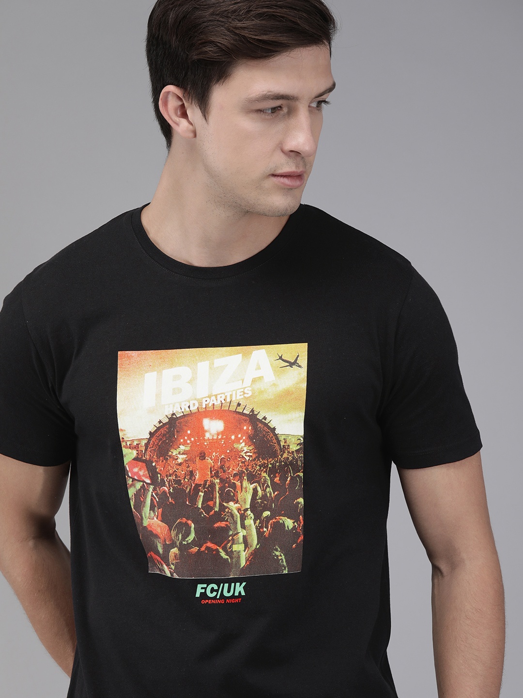 

French Connection Men Black Printed Round Neck Pure Cotton T-shirt