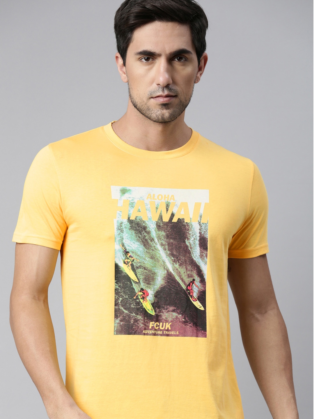 

French Connection Men Yellow Printed Pure Cotton T-shirt