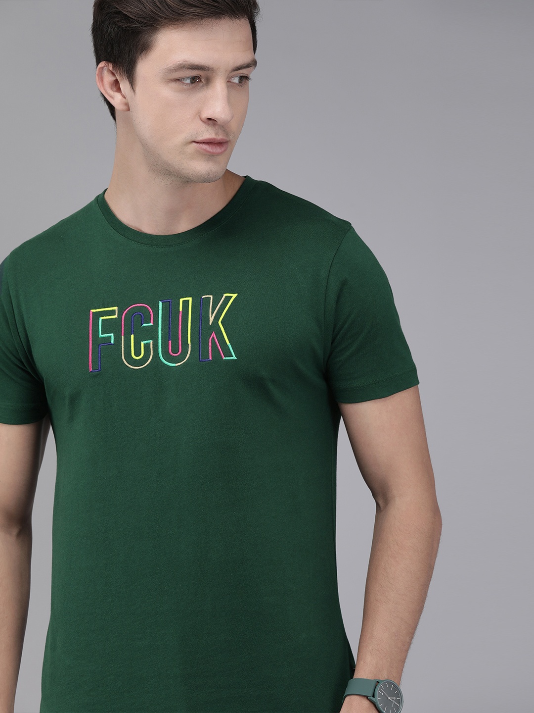 

French Connection Men Green Embroidered Round Neck Pure Cotton T-shirt