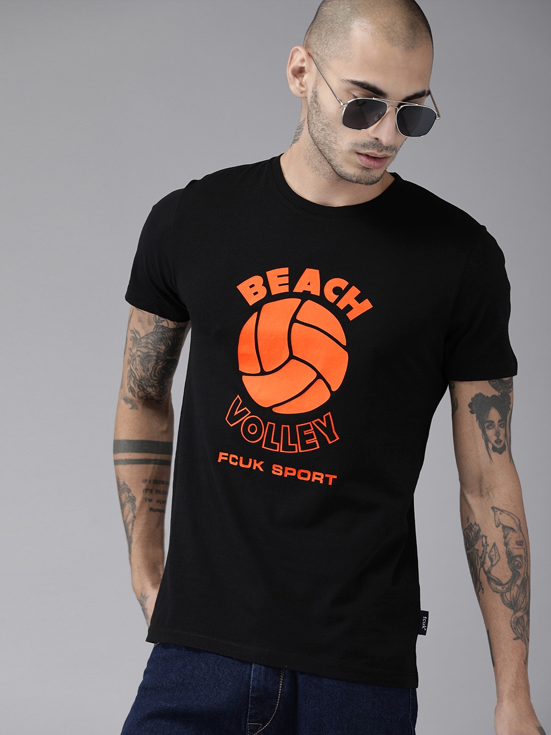 

French Connection Men Black Printed Round Neck Pure Cotton T-shirt