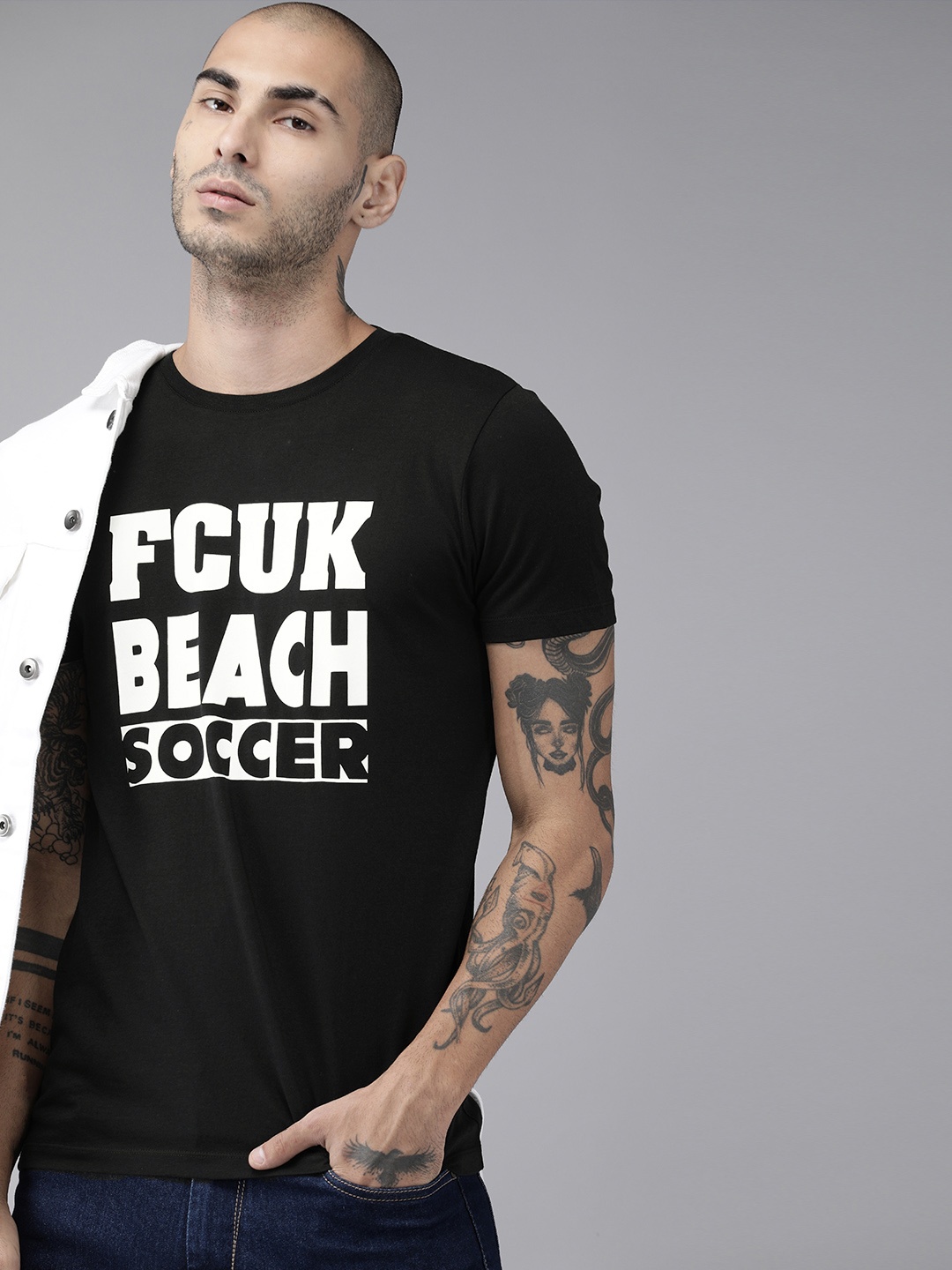 

French Connection Men Black Printed Round Neck Pure Cotton T-shirt
