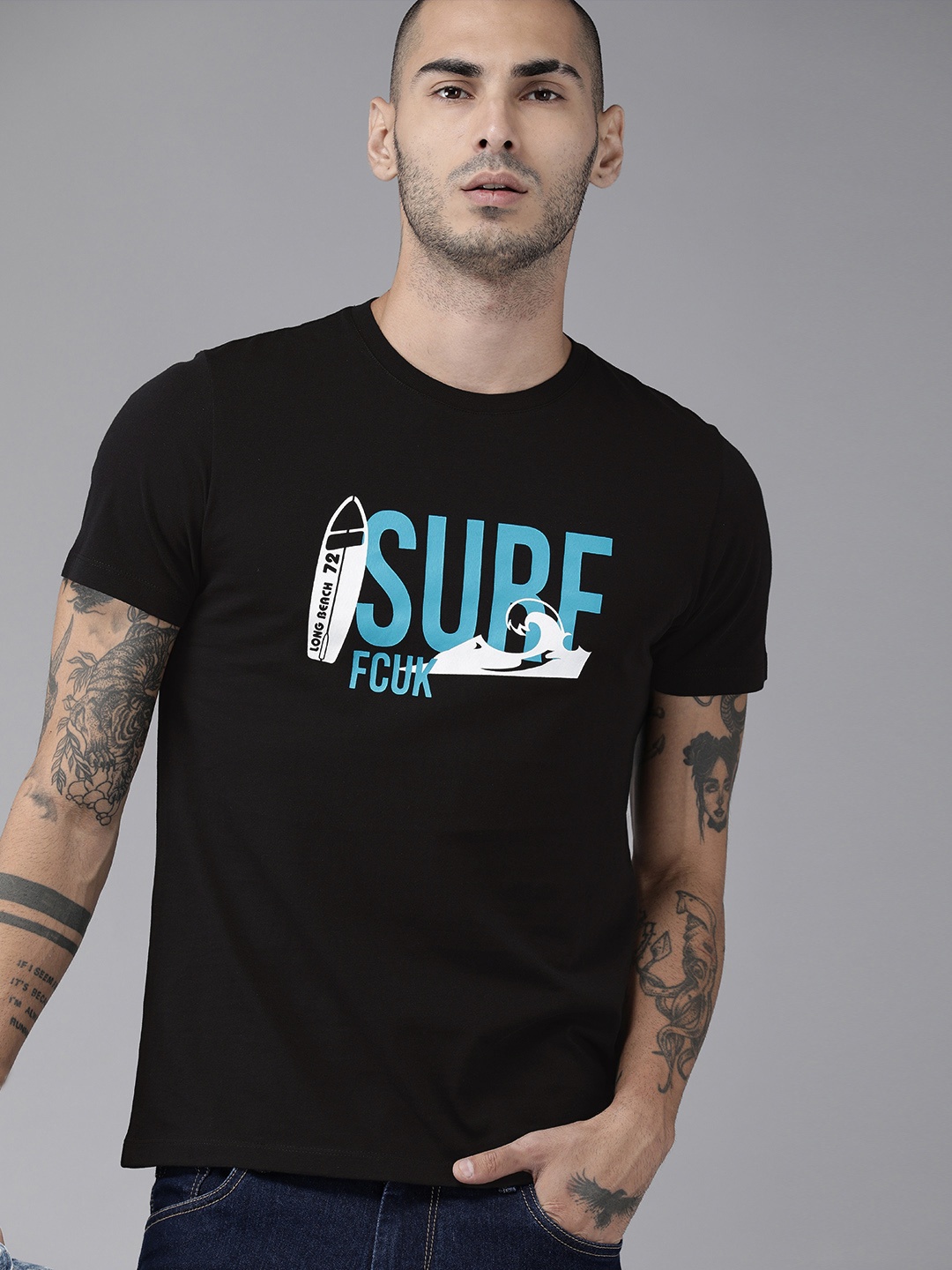 

French Connection Men Black Printed Round Neck Pure Cotton T-shirt
