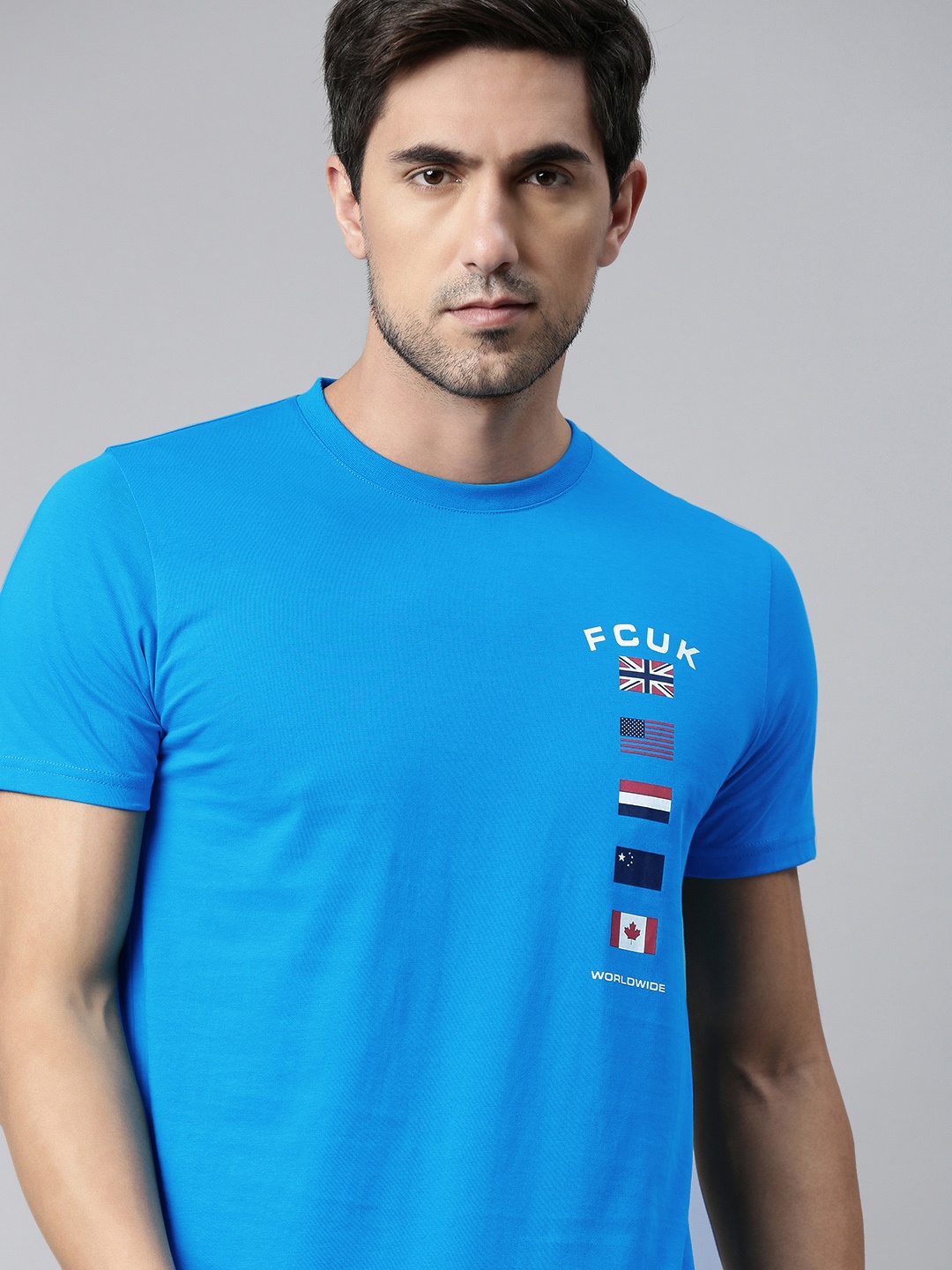 

French Connection Men Blue Printed Slim Fit Pure Cotton T-shirt