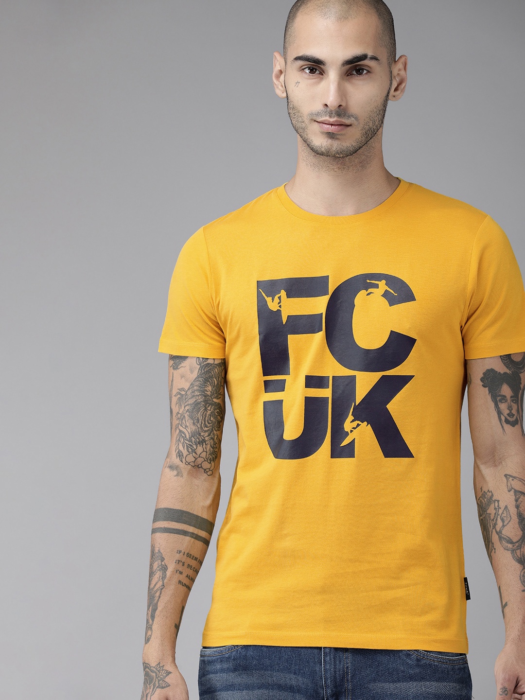 

French Connection Men Mustard Yellow Printed Round Neck Pure Cotton T-shirt