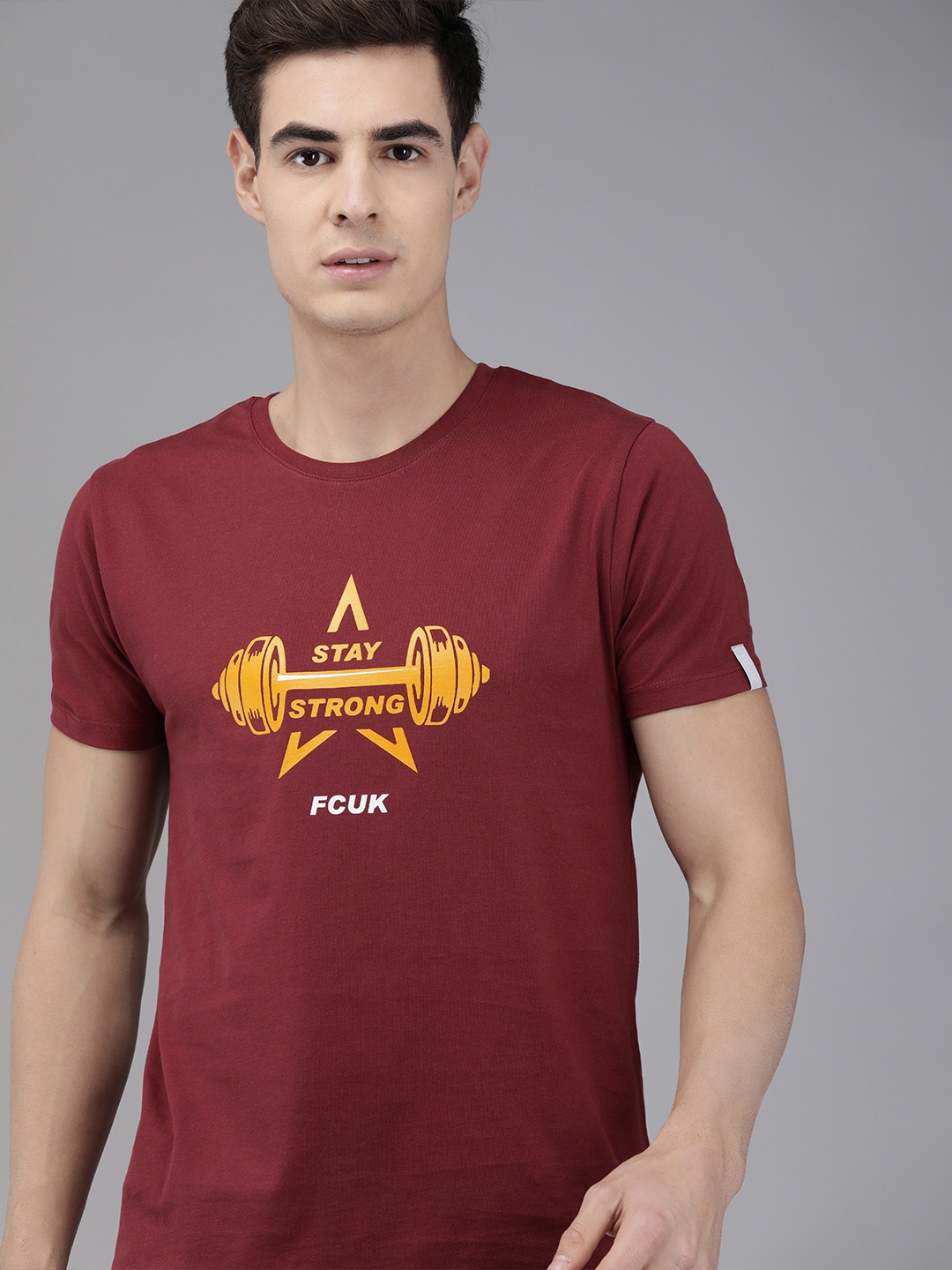 

French Connection Men Maroon Printed Round Neck Pure Cotton T-shirt