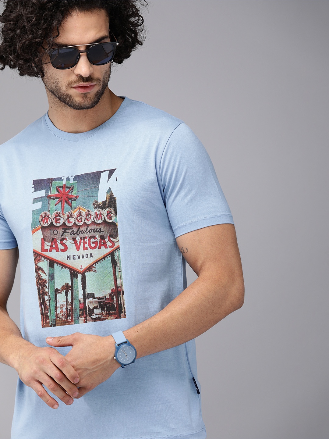 

French Connection Men Blue Printed Round Neck Pure Cotton T-shirt