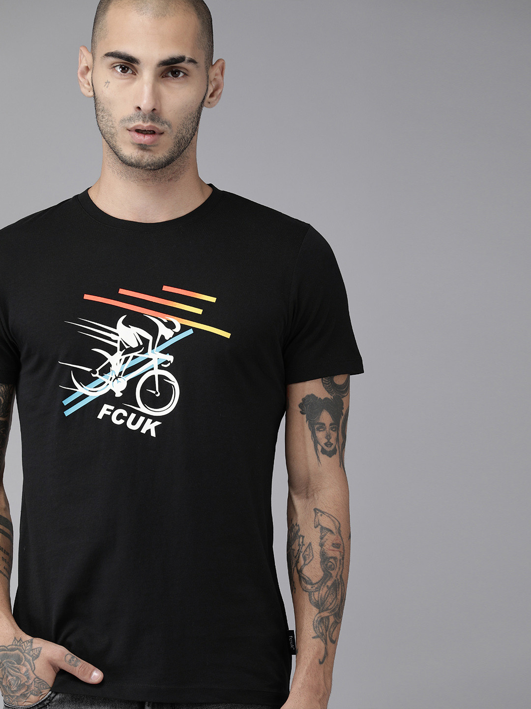 

French Connection Men Black Printed Round Neck Pure Cotton T-shirt