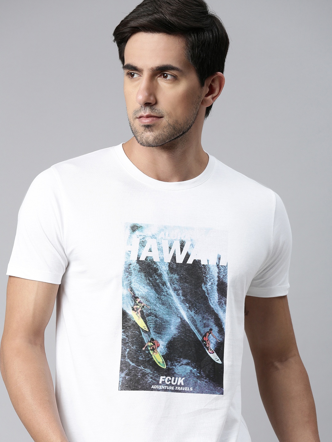 

French Connection Men White Printed Slim Fit Pure Cotton T-shirt