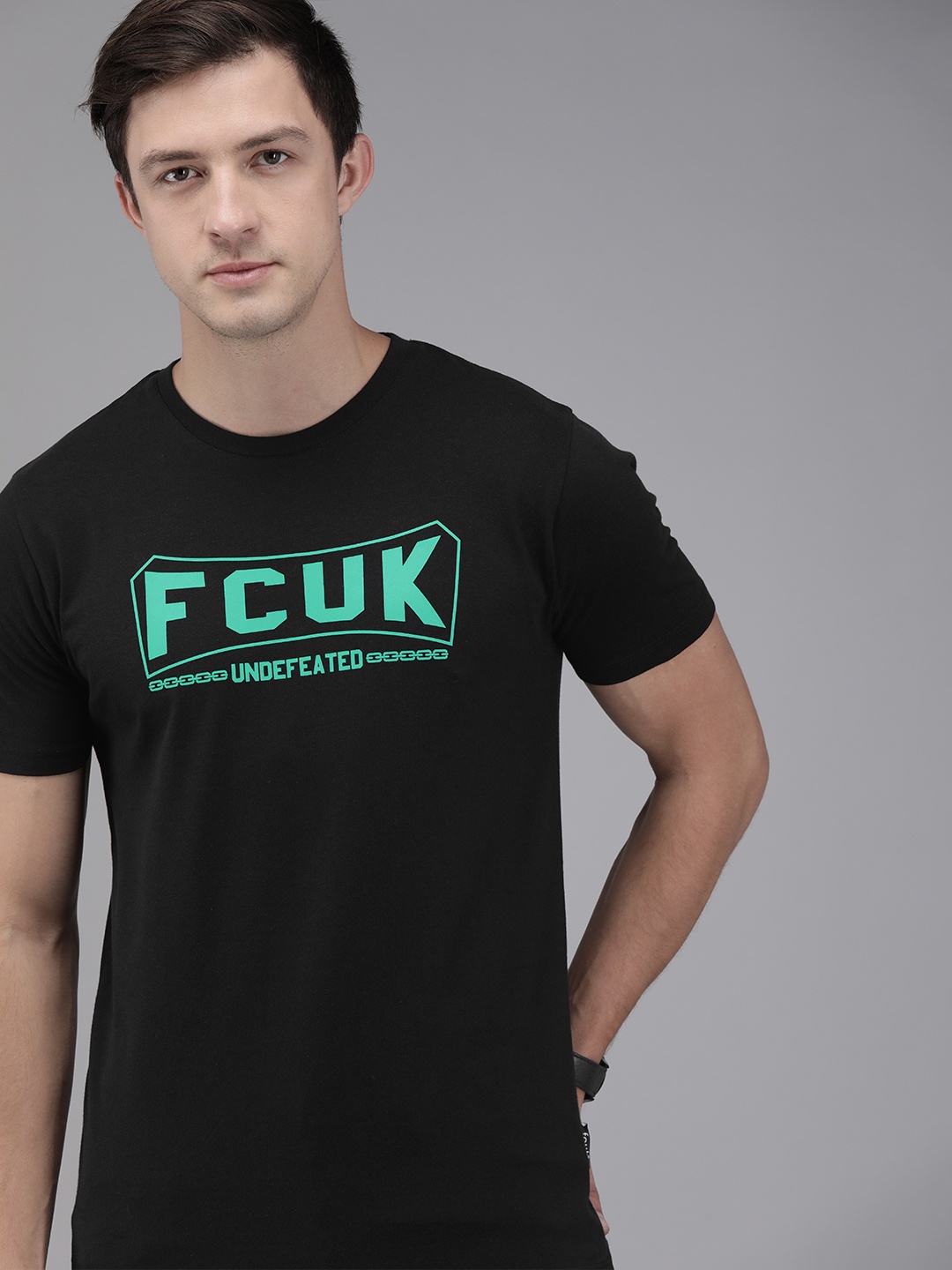 

French Connection Men Black Printed Round Neck Pure Cotton T-shirt