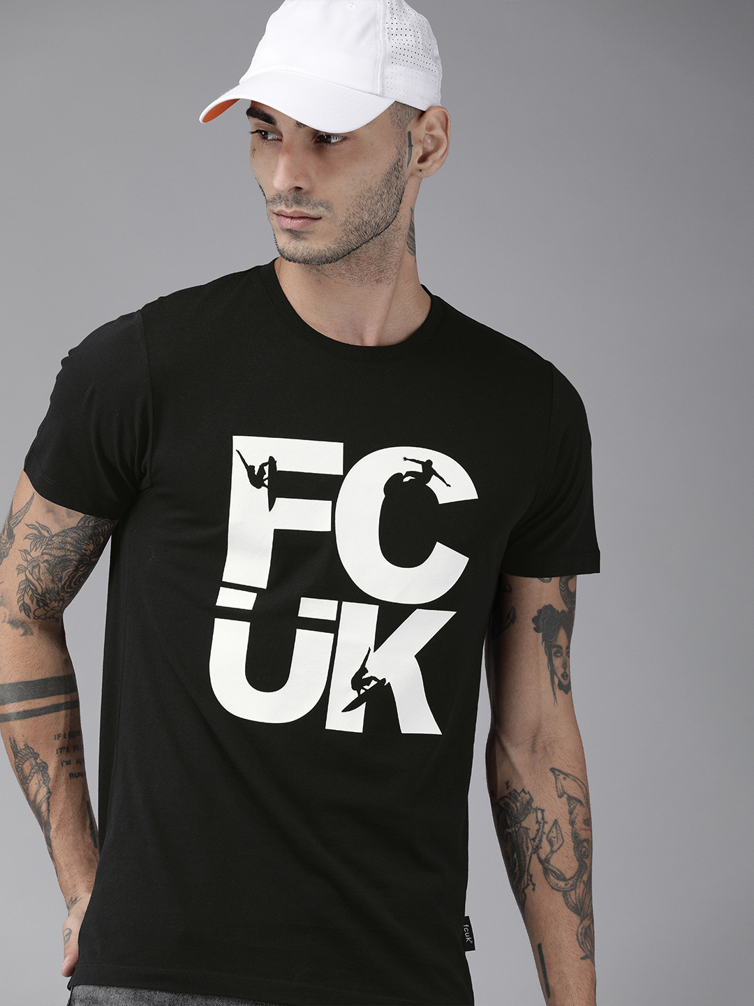 

French Connection Men Black White Printed Round Neck Pure Cotton T-shirt