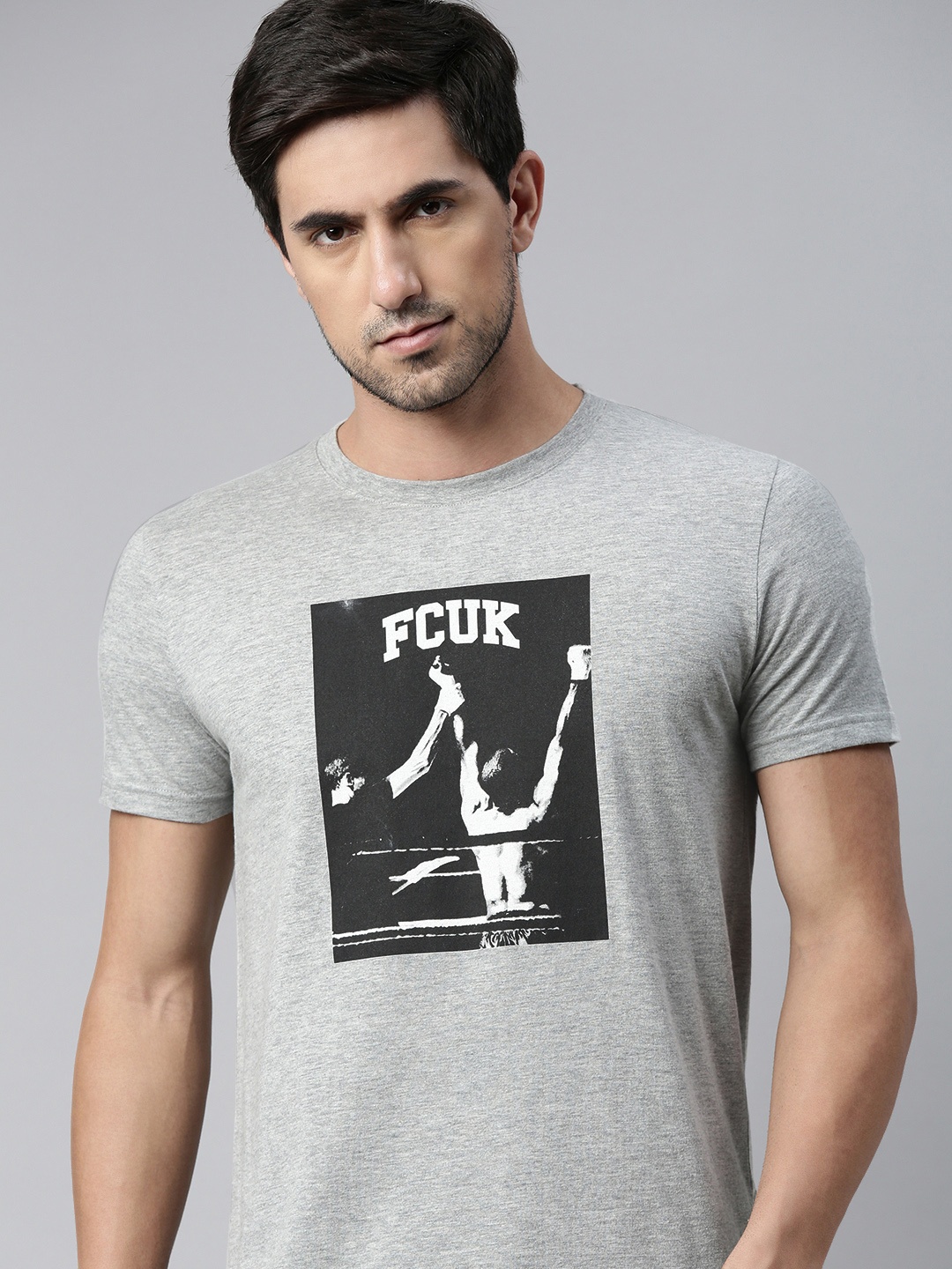 

French Connection Men Grey Melange Printed Slim Fit T-shirt