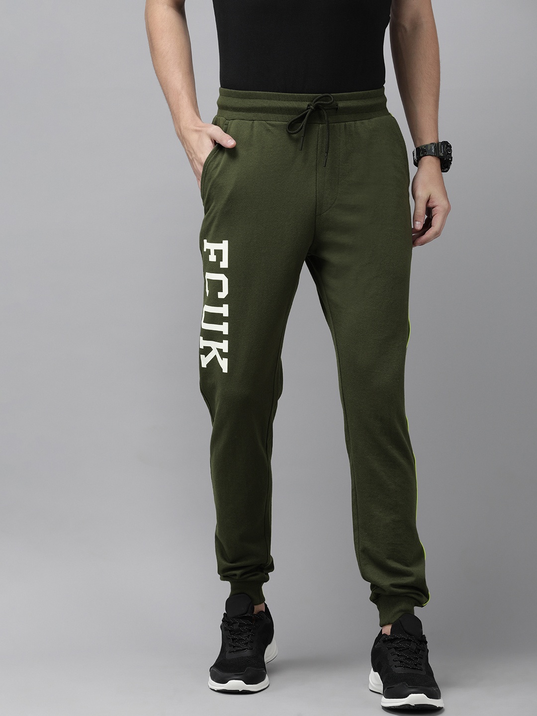 

French Connection Men's Olive Green and White Printed Track Pants
