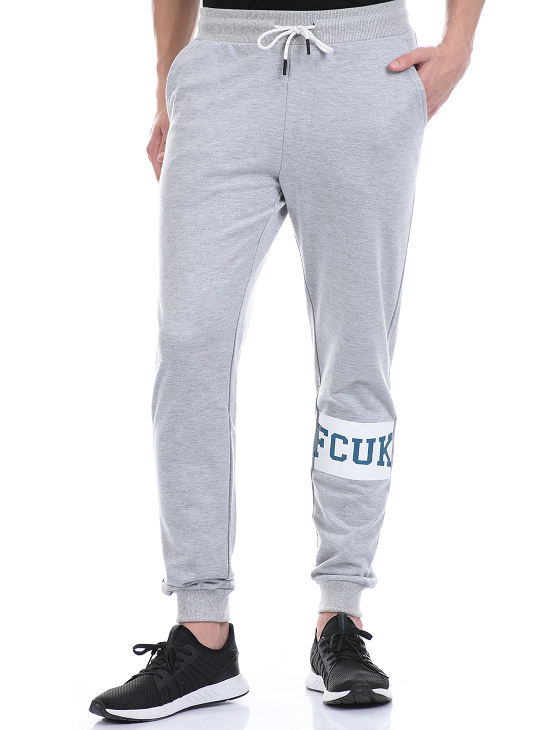 

French Connection Men Grey Melange Printed Slim Fit Joggers