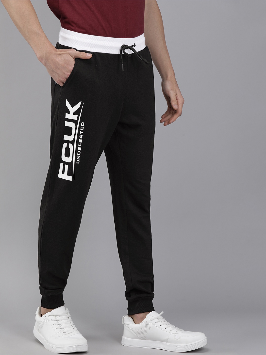 

French Connection Men Black Straight Fit Solid Joggers with Brand Logo Print Detail