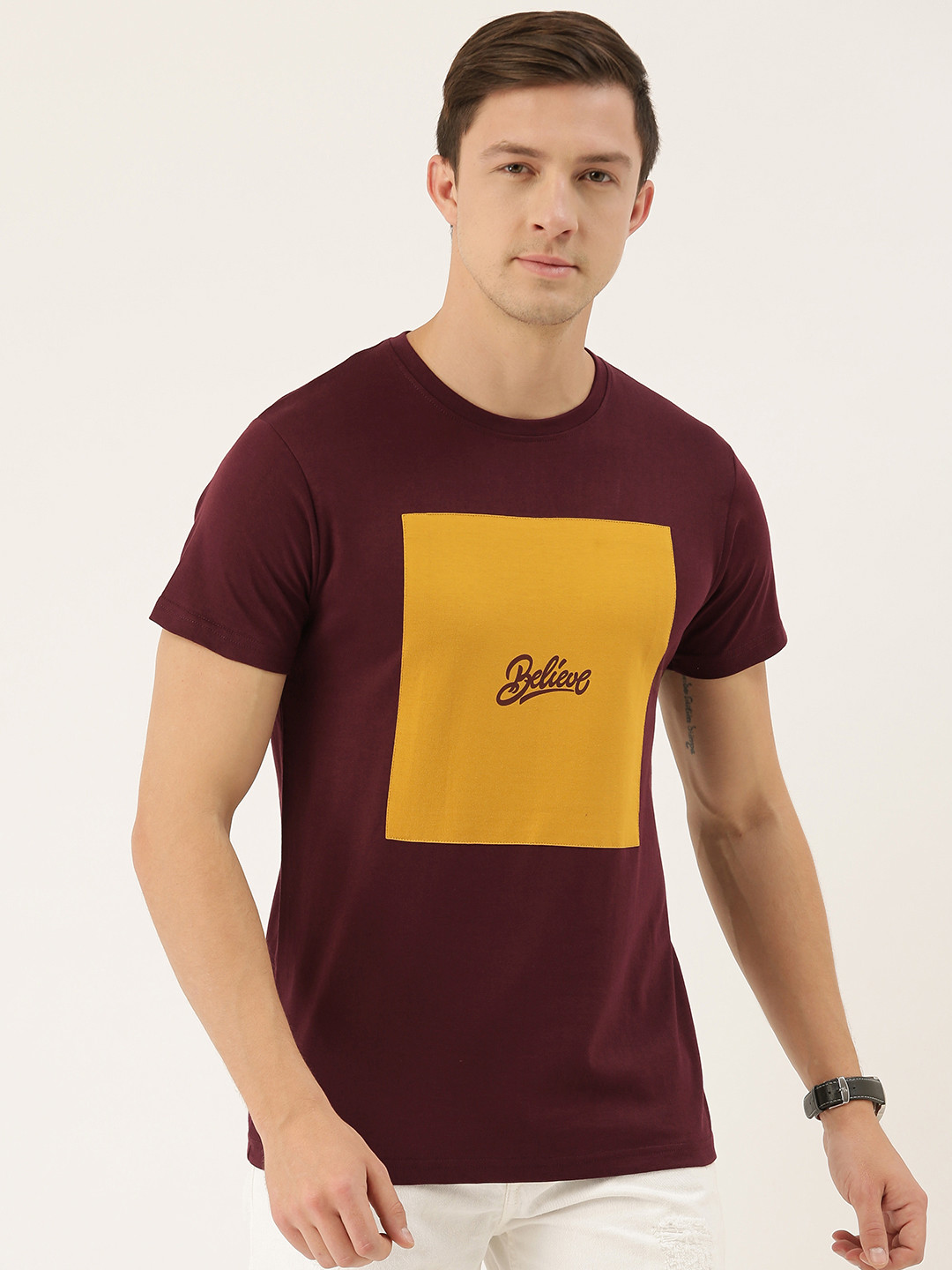 

DILLINGER Men Maroon Colourblocked Round Neck Pure Cotton T-shirt