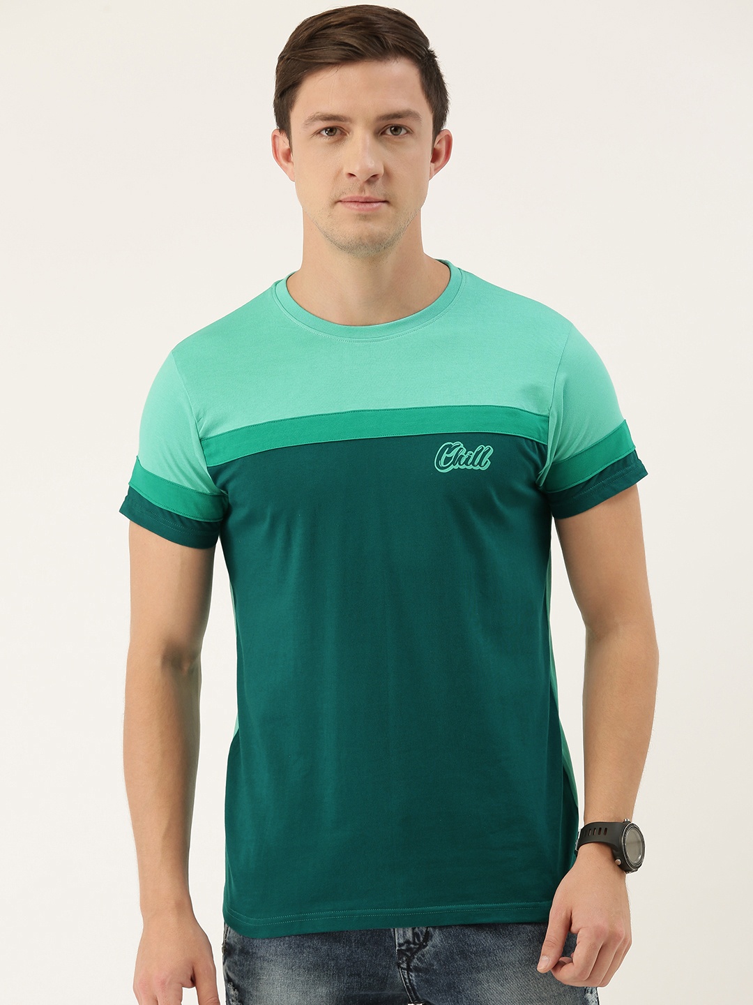 

DILLINGER Men Green Colourblocked Round Neck Pure Cotton T-shirt