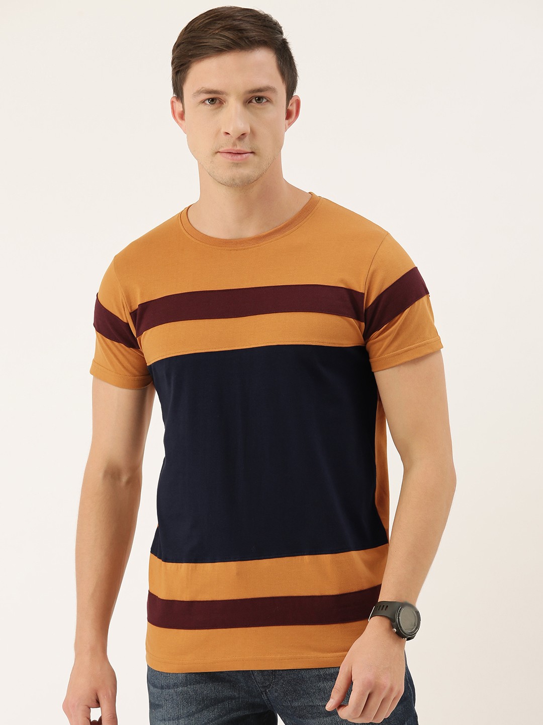 

DILLINGER Men Camel Brown Black Colourblocked Round Neck Pure Cotton T-shirt