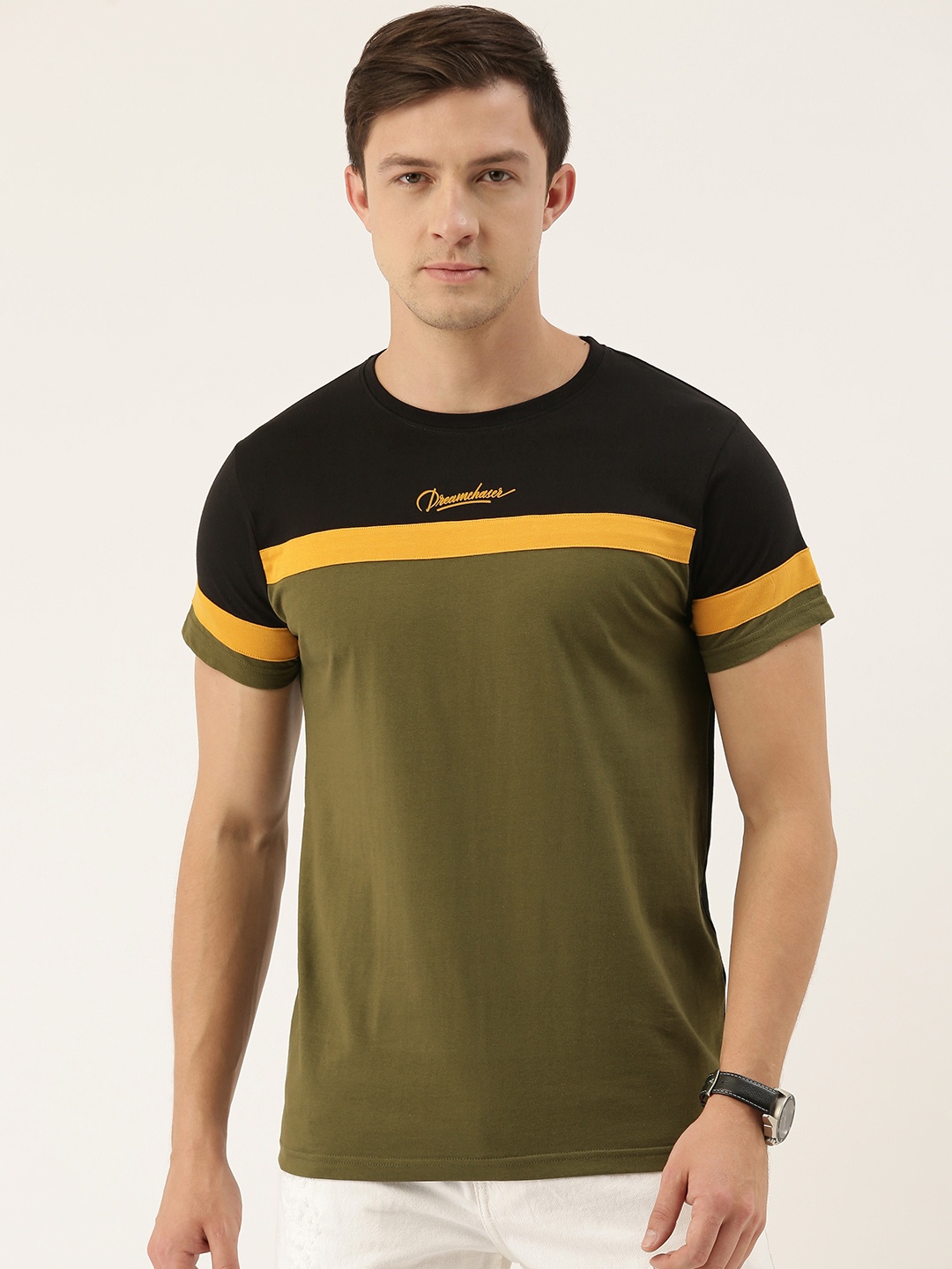 

DILLINGER Men Black Olive Green Colourblocked Round Neck Pure Cotton T-shirt