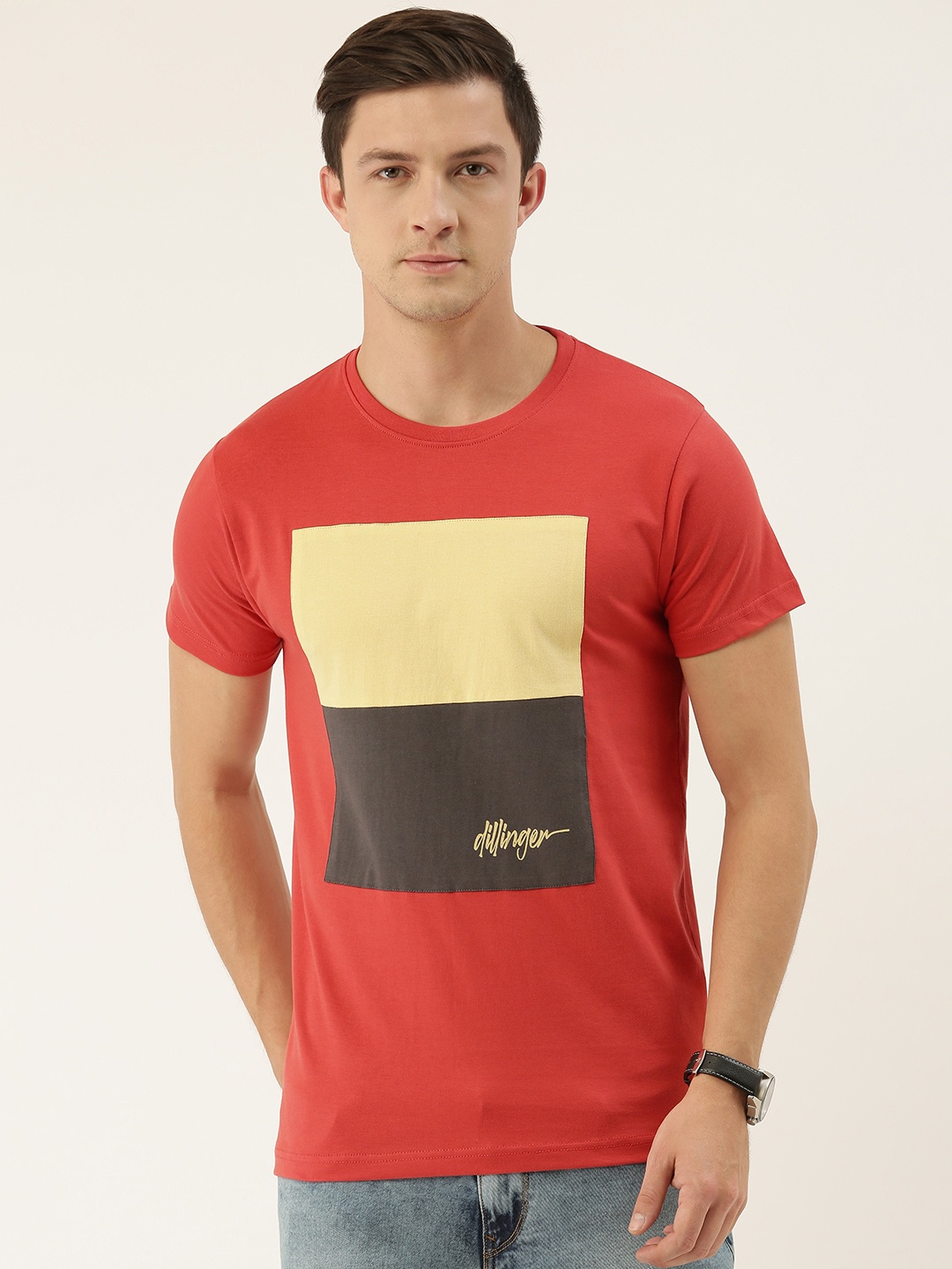 

DILLINGER Men Orange Colourblocked Round Neck T-shirt