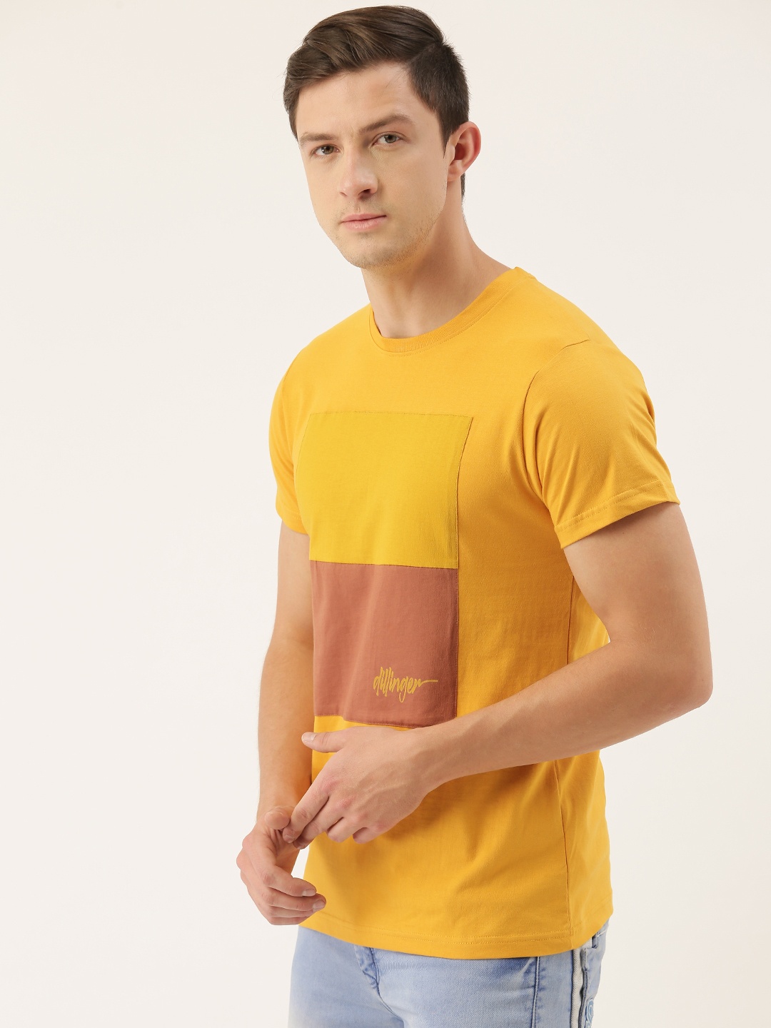 

DILLINGER Men Mustard Yellow Brown Colourblocked Round Neck Pure Cotton T-shirt