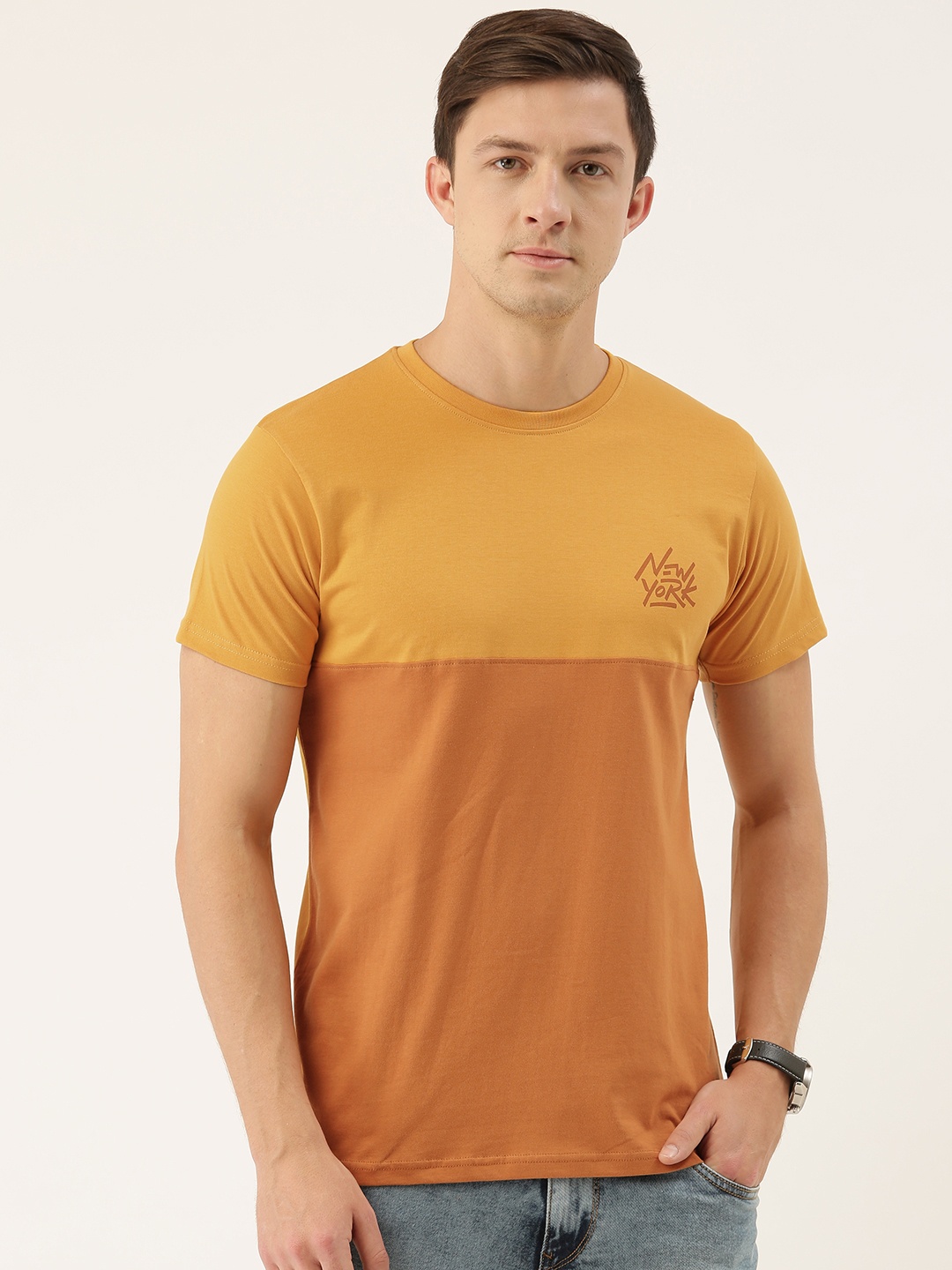 

DILLINGER Men Mustard Yellow Colourblocked Round Neck Pure Cotton T-shirt