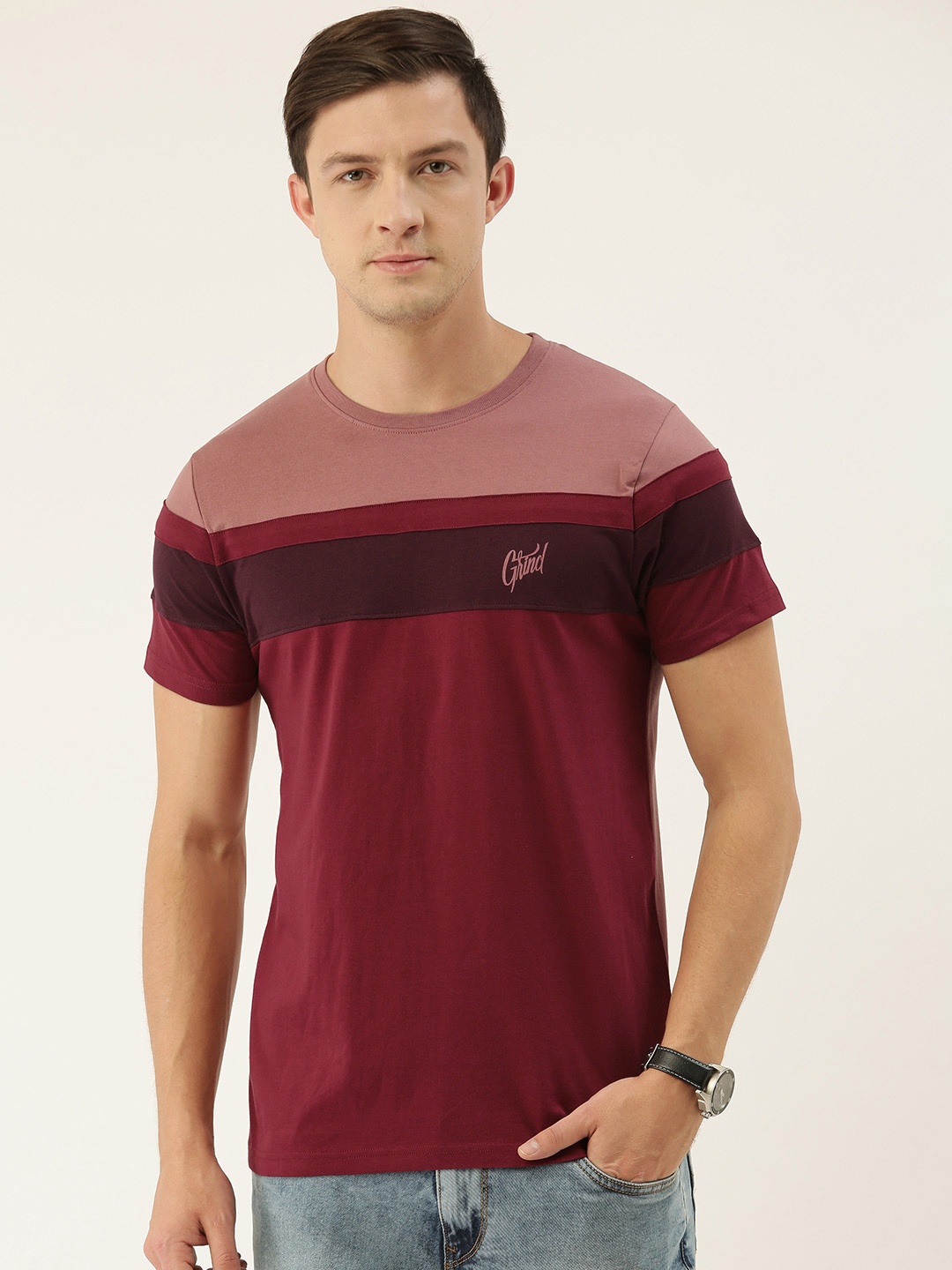 

DILLINGER Men Maroon Colourblocked Round Neck Pure Cotton T-shirt