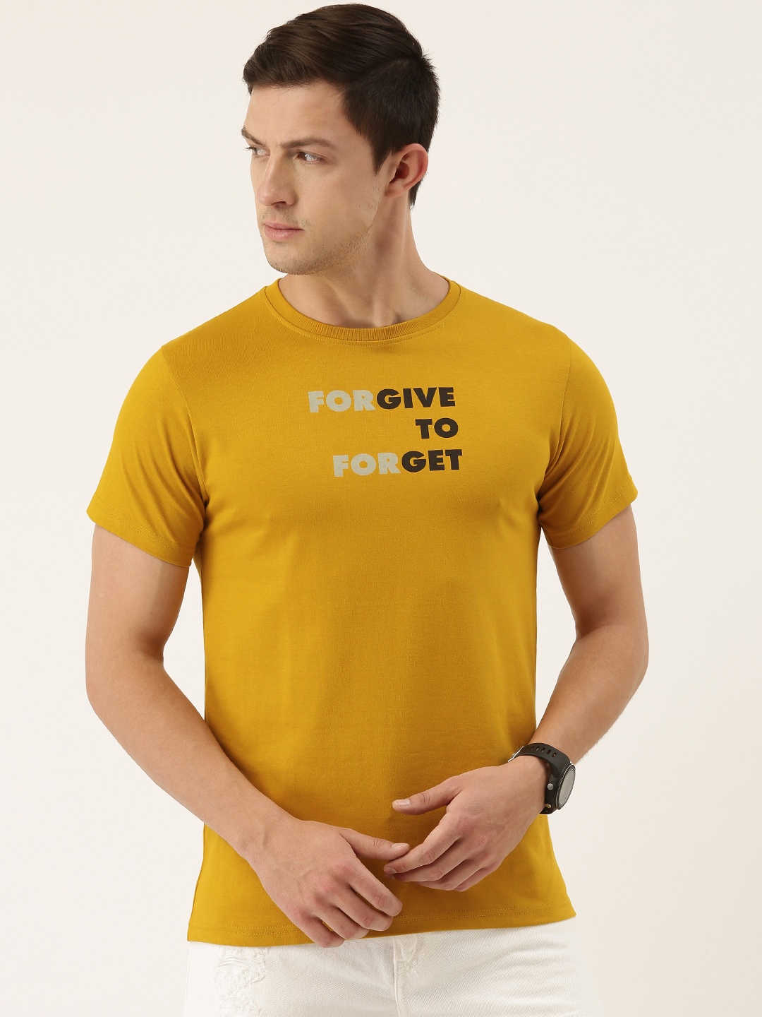 

DILLINGER Men Mustard Yellow Printed Round Neck Pure Cotton T-shirt