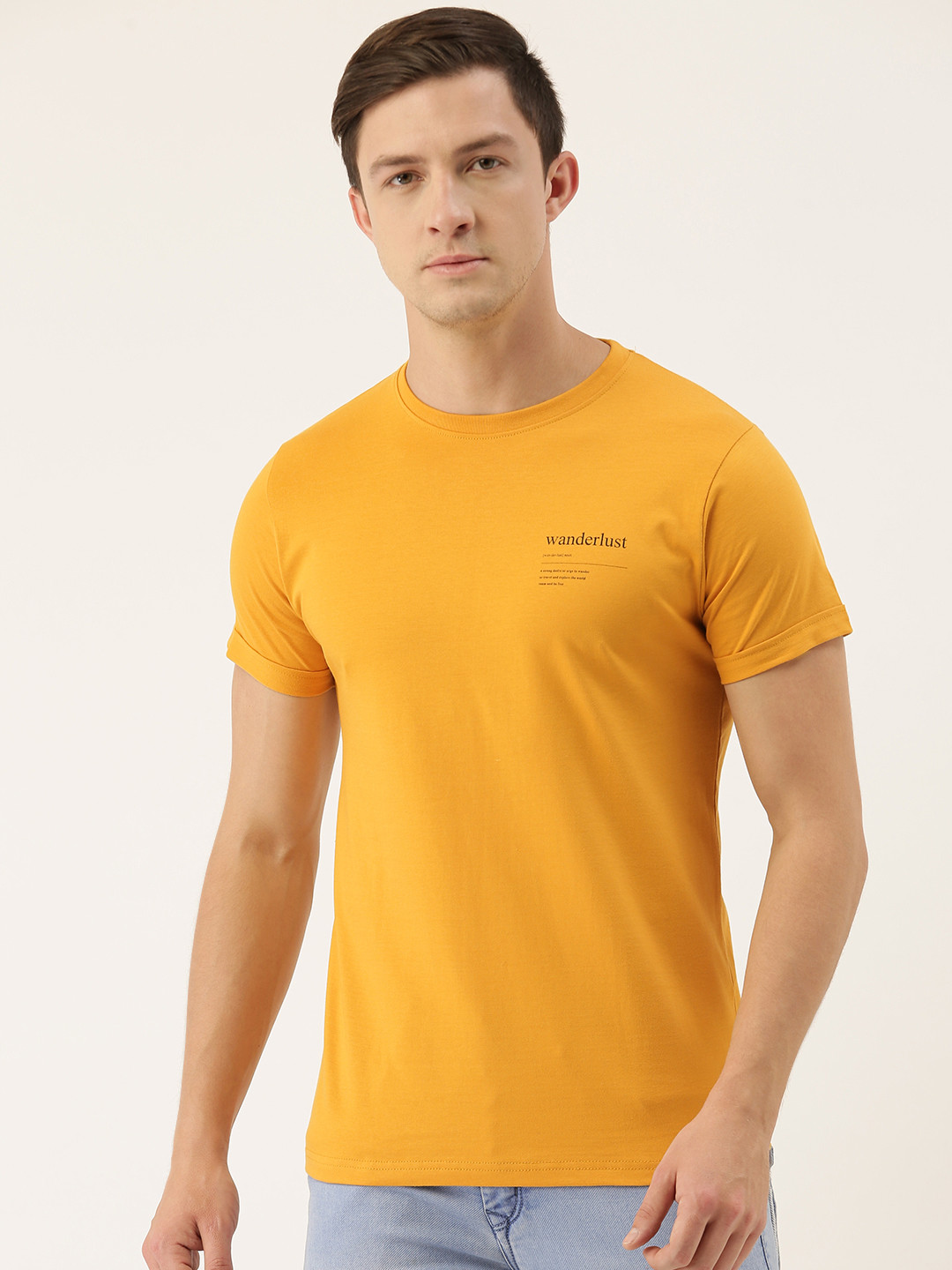 

DILLINGER Men Mustard Yellow Printed Round Neck Pure Cotton T-shirt