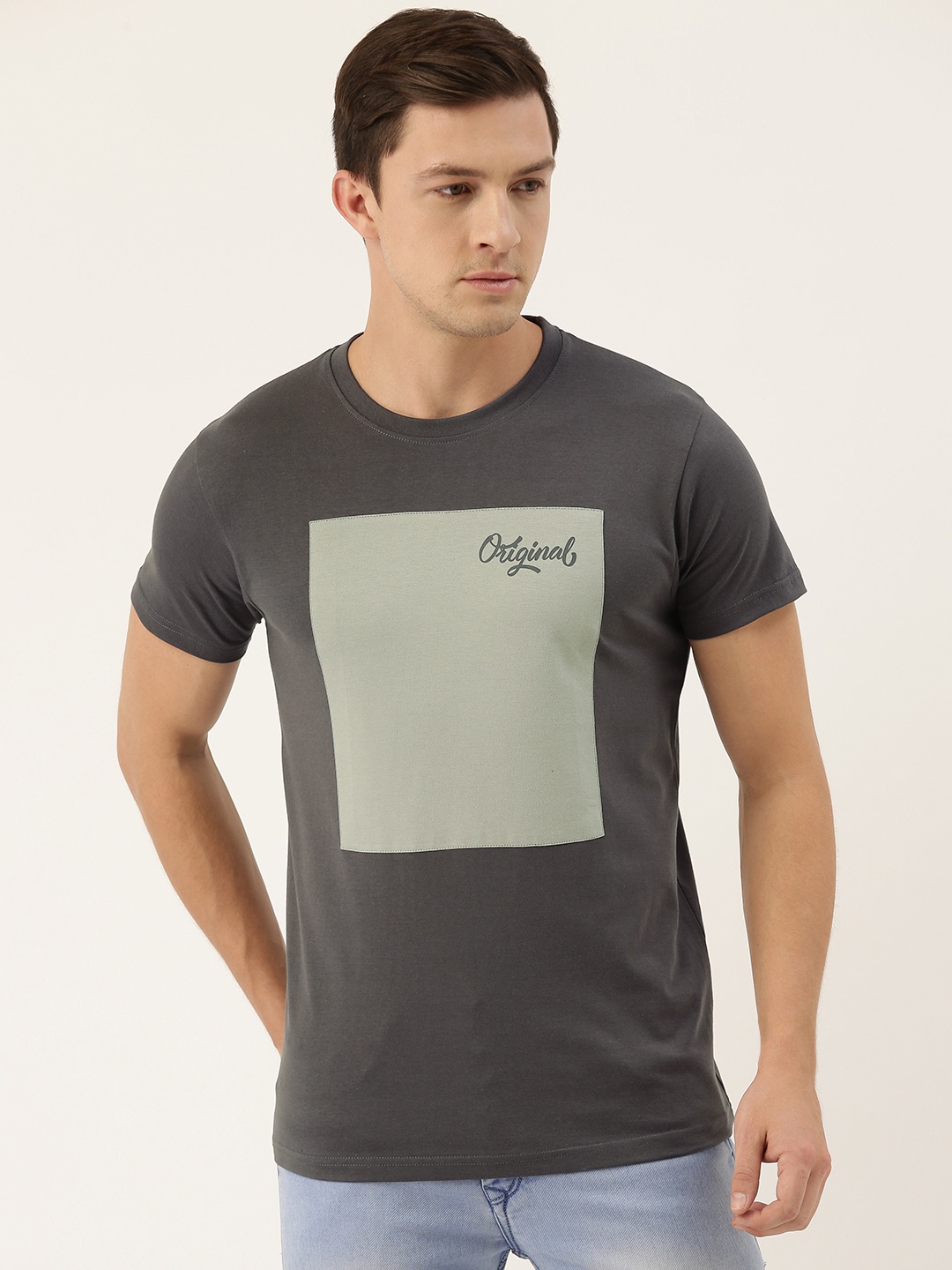 

DILLINGER Men Charcoal Grey Colourblocked Round Neck Pure Cotton T-shirt
