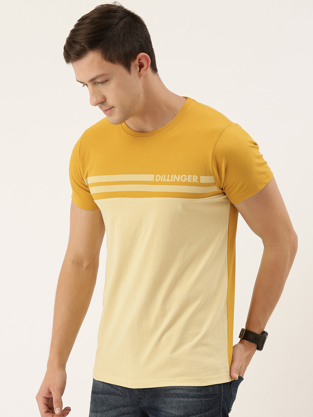 

DILLINGER Men Mustard Yellow Off-White Colourblocked Round Neck Pure Cotton T-shirt