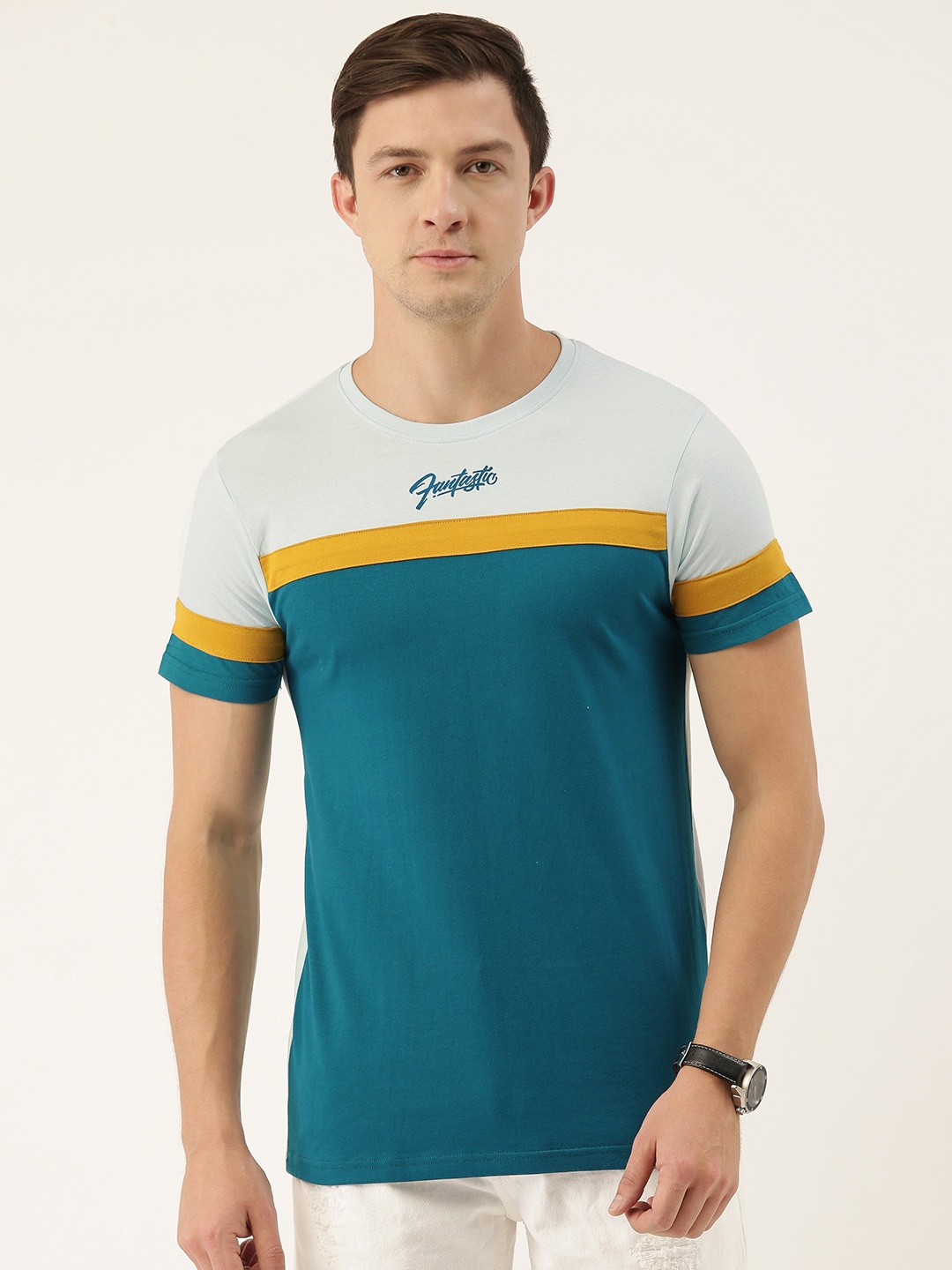 

DILLINGER Men Teal Blue Blue Colourblocked Round Neck Pure Cotton T-shirt