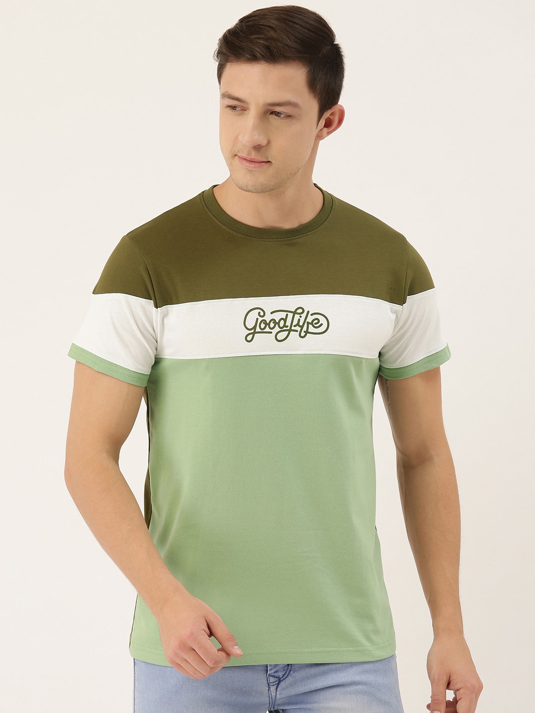 

DILLINGER Men Olive Green Colourblocked Round Neck Pure Cotton T-shirt