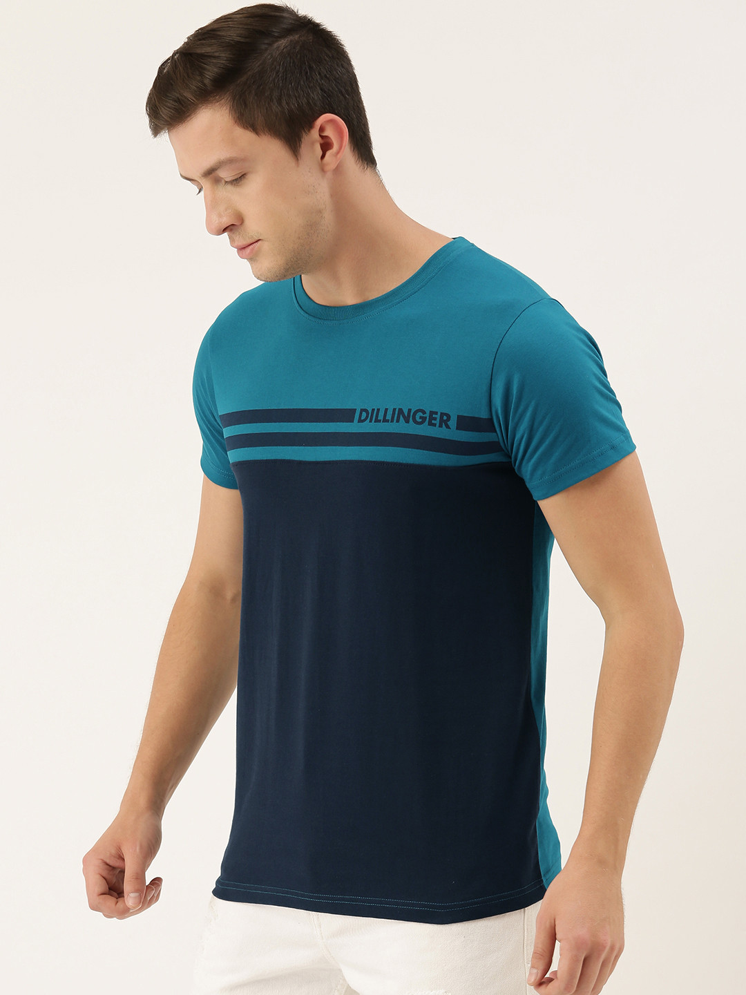 

DILLINGER Men Blue & teal Green Colourblocked Round Neck T-shirt