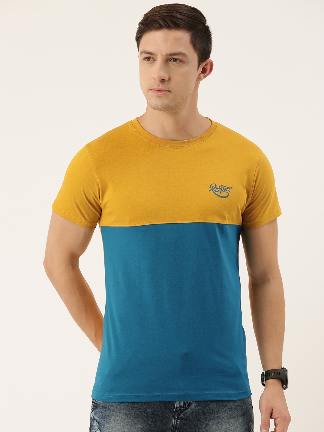 

DILLINGER Men Mustard Yellow Blue Colourblocked Round Neck Pure Cotton T-shirt
