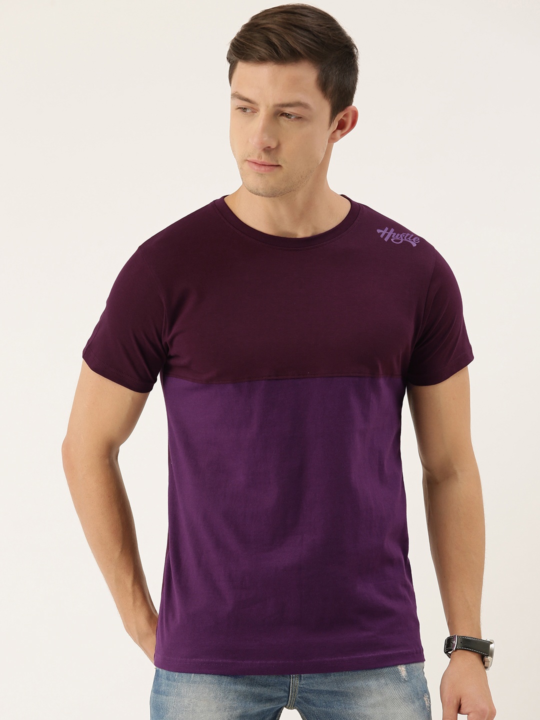 

DILLINGER Men Maroon & Purple Colourblocked Round Neck T-shirt