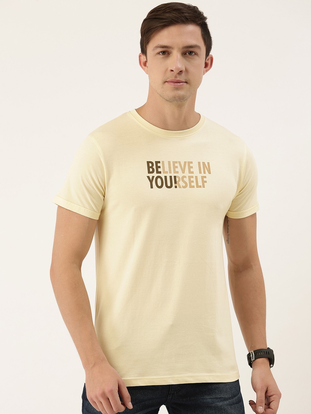 

DILLINGER Men Cream-Coloured Printed Round Neck T-shirt