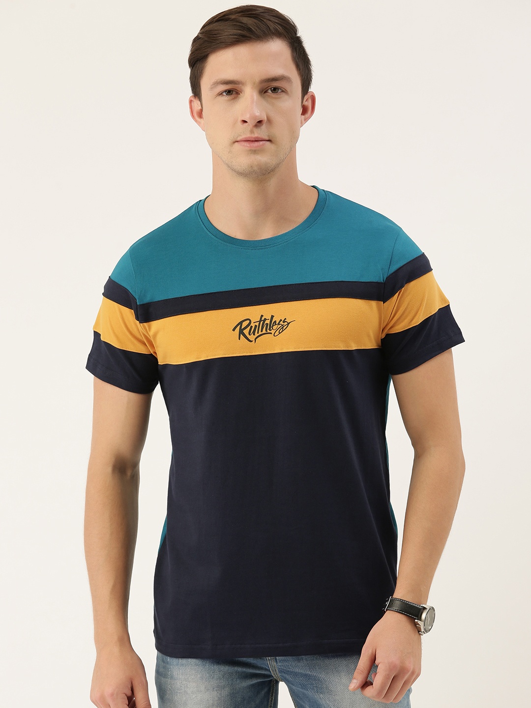 

DILLINGER Men Navy Blue Mustard Yellow Colourblocked Round Neck Pure Cotton T-shirt