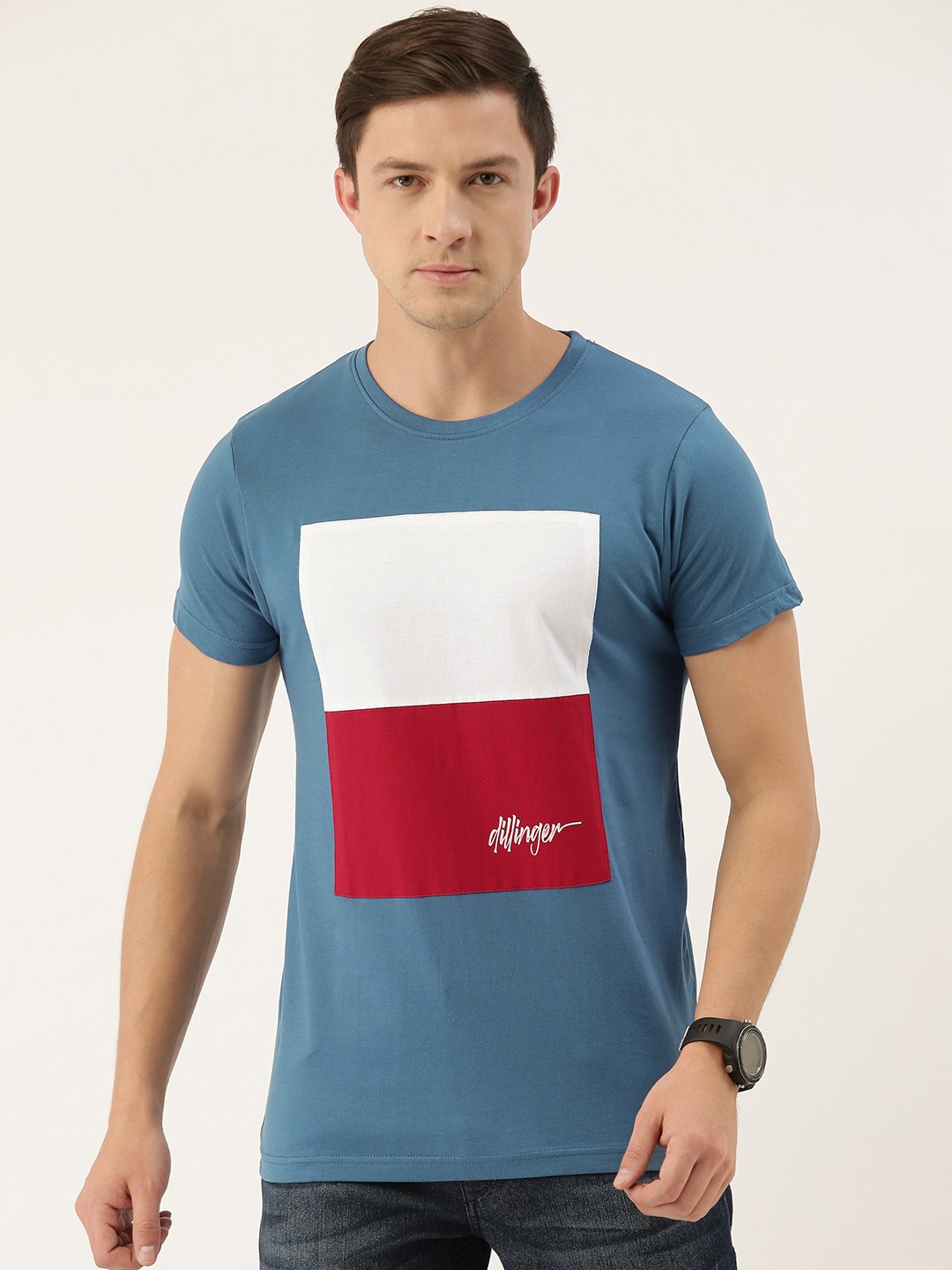 

DILLINGER Men Blue White Colourblocked Round Neck Pure Cotton T-shirt