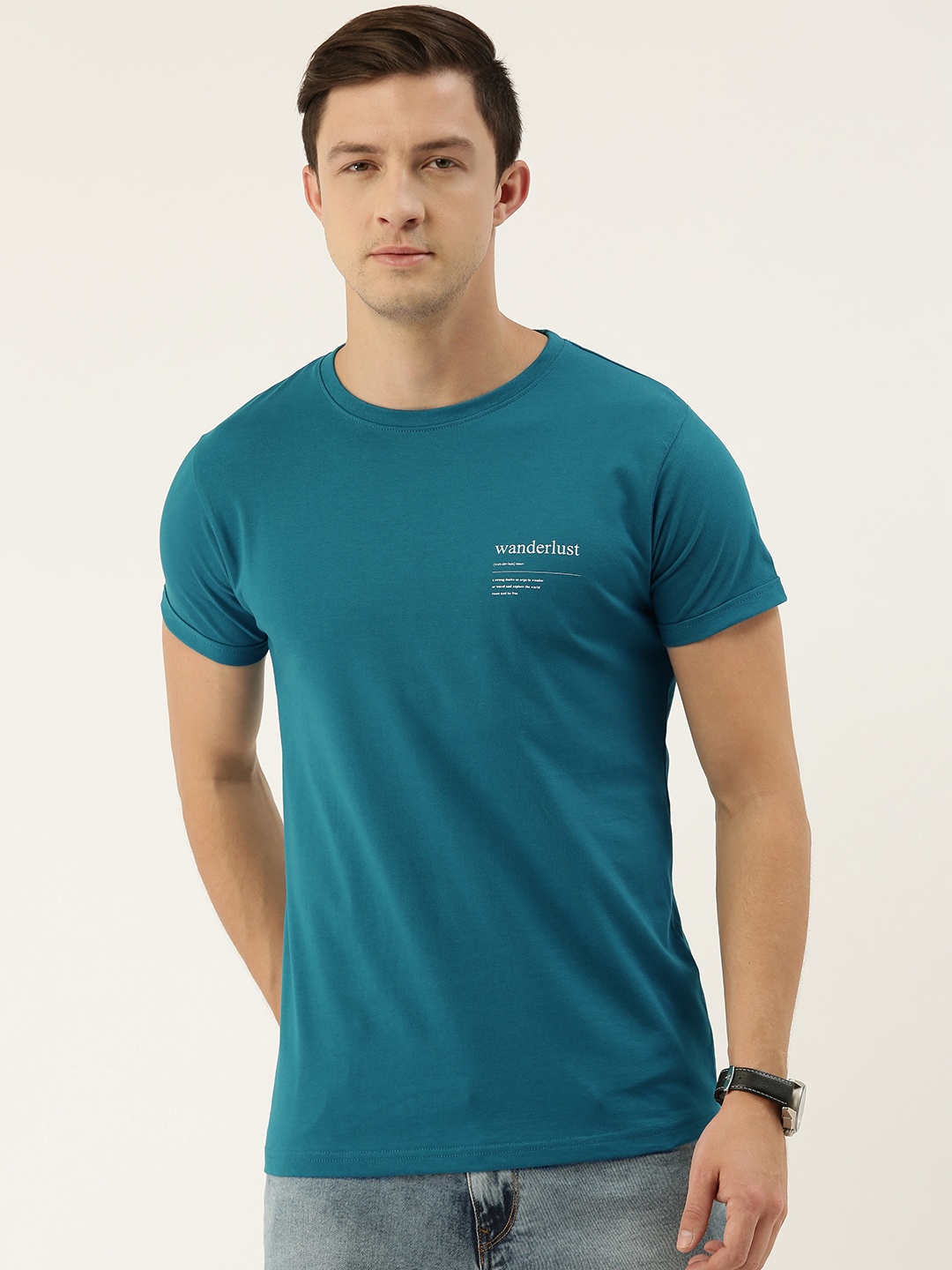 

DILLINGER Men Teal Blue Printed Detailed Round Neck Pure Cotton T-shirt