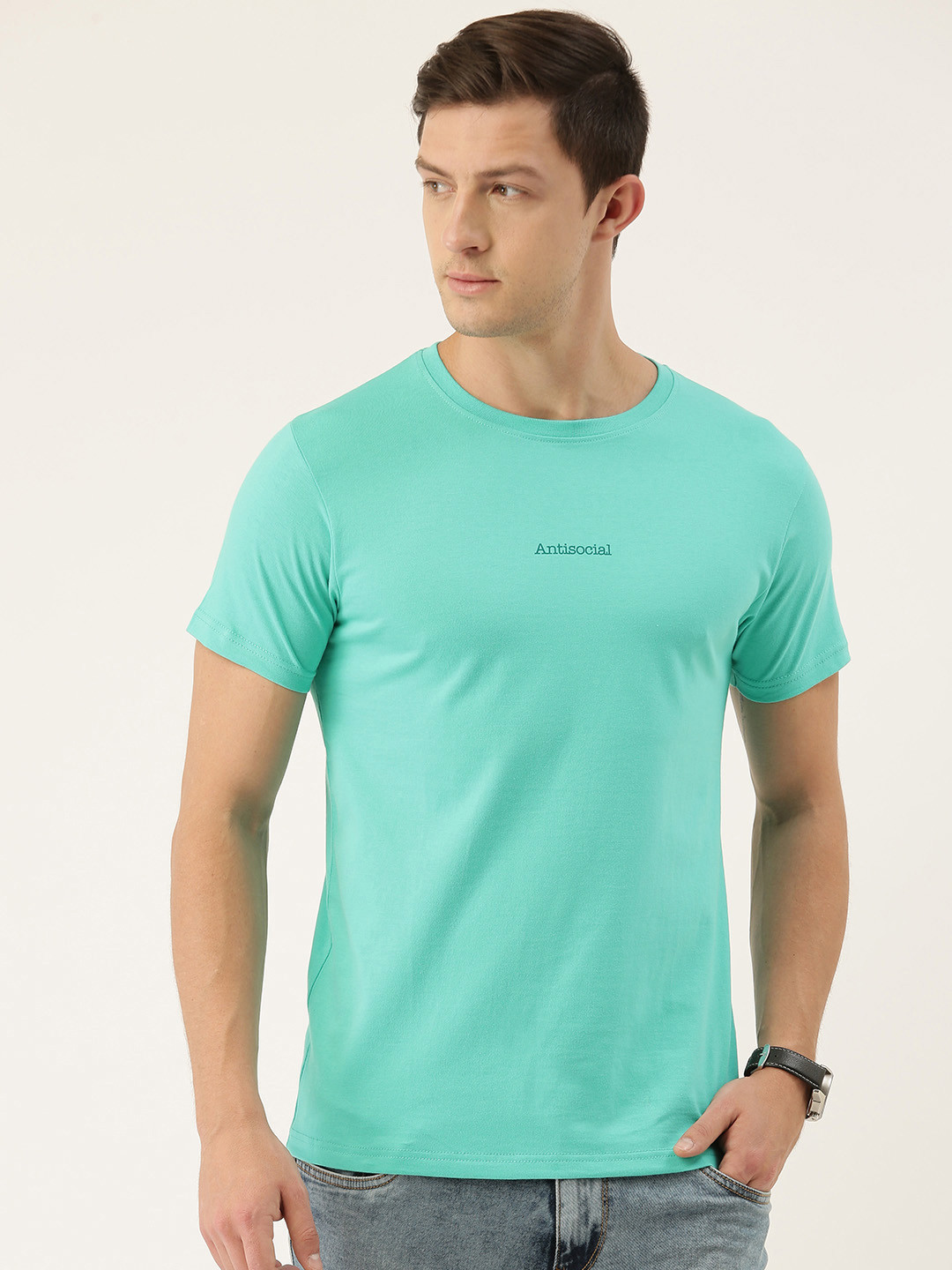 

DILLINGER Men Sea Green Printed Detailed Round Neck Pure Cotton T-shirt