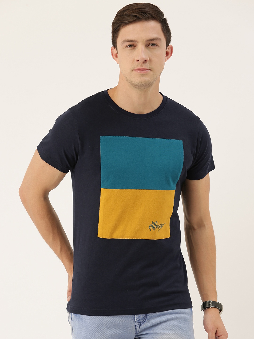 

DILLINGER Men Navy Blue Yellow Colourblocked Round Neck Pure Cotton T-shirt
