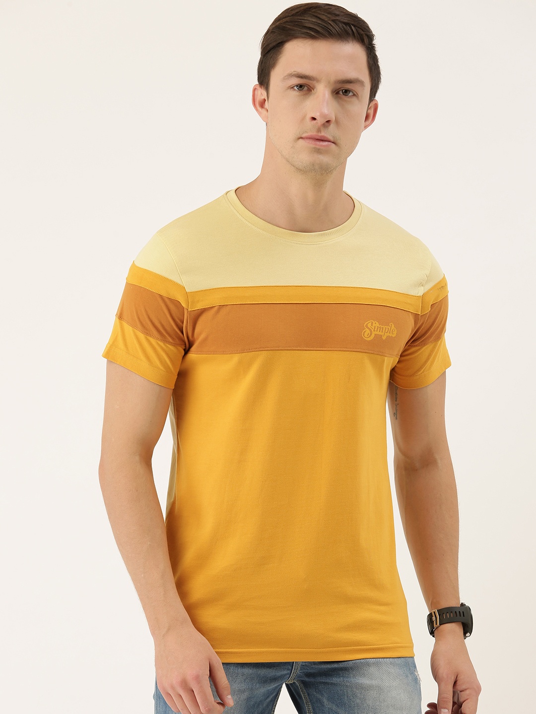 

DILLINGER Men Mustard Yellow Colourblocked Round Neck Pure Cotton T-shirt