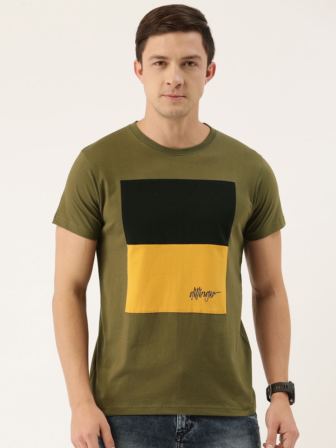 

DILLINGER Men Olive Green Black Colourblocked Round Neck Pure Cotton T-shirt