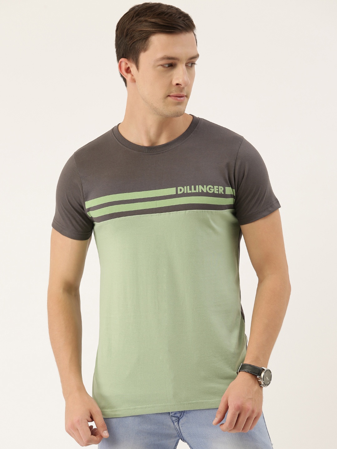 

DILLINGER Men Grey Green Colourblocked Round Neck Pure Cotton T-shirt