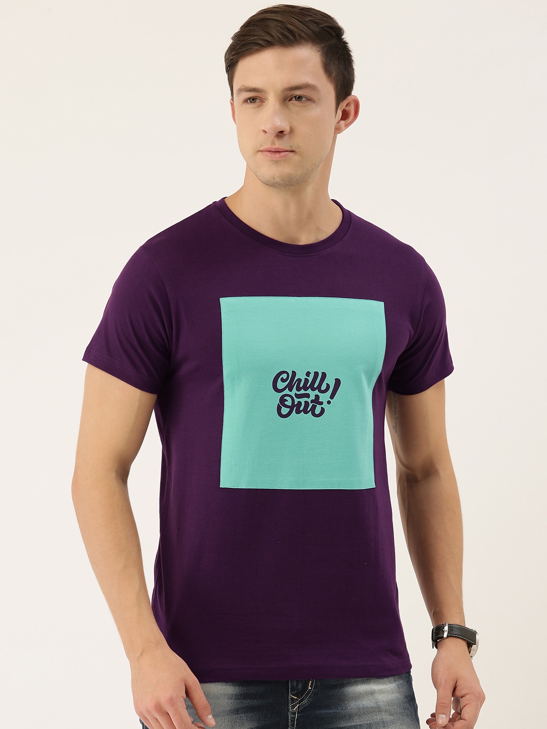 

DILLINGER Men Purple Blue Colourblocked Round Neck Pure Cotton T-shirt