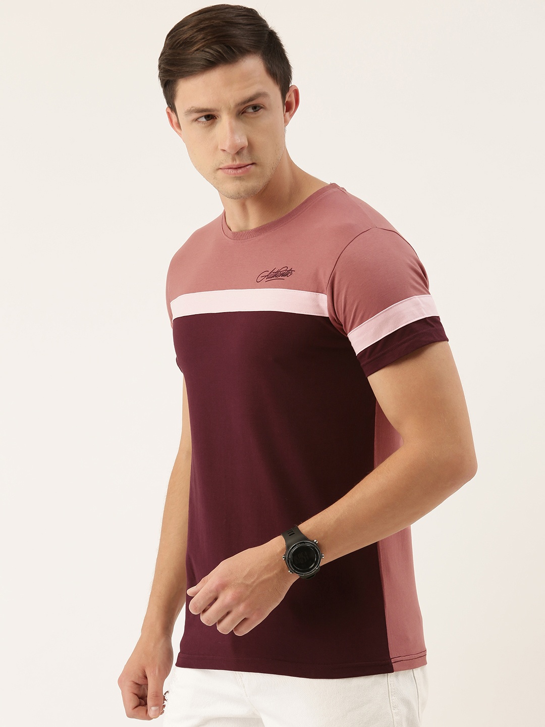 

DILLINGER Men Pink Maroon Colourblocked Round Neck Pure Cotton T-shirt