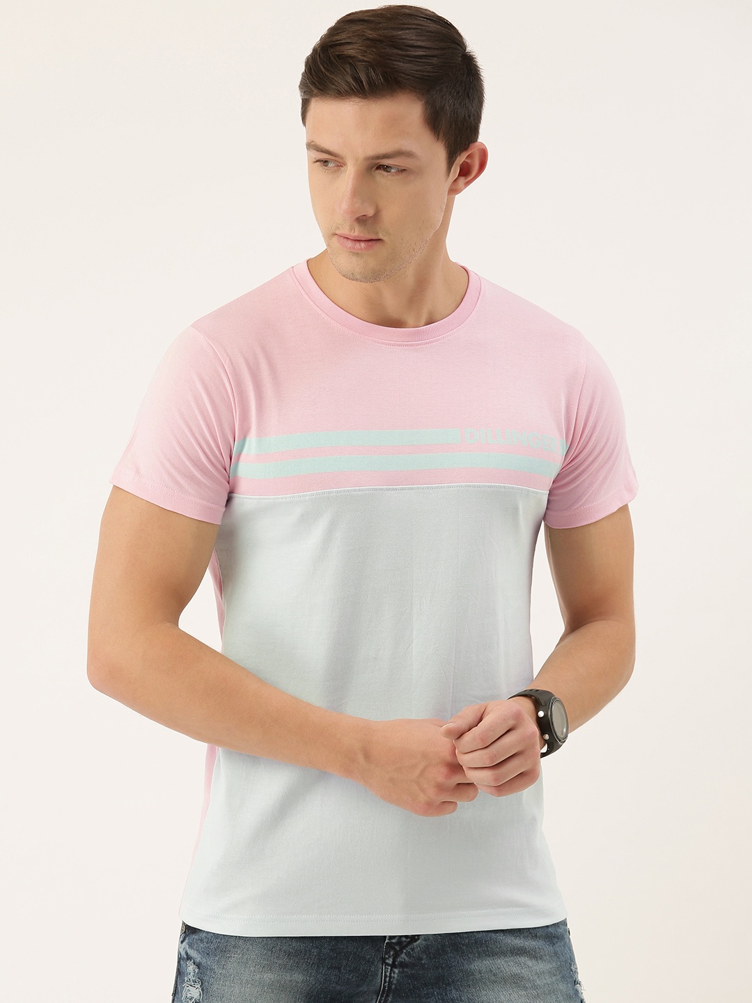 

DILLINGER Men Pink & Grey Colourblocked Round Neck T-shirt