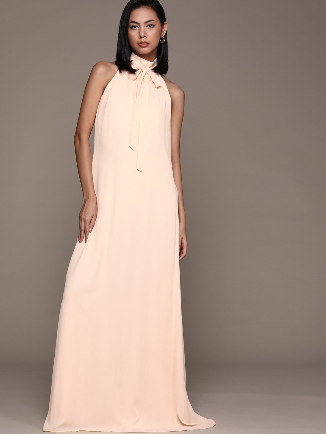 

MANGO Women Peach-Coloured Solid Halter Neck Maxi Dress